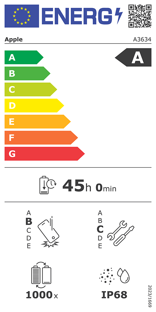ES energijos vartojimo klas?s QR kodas ir informacija, ?Apple“ modelis A3634, A klas?, energijos vartojimo klas?s (skal? nuo A iki G), nuo A (did?iausias efektyvumas) iki G (ma?iausias efektyvumas), baterijos veikimo trukm? vienu ciklu, 45 val. ir 0 min. esant visi?kai ?krautai baterijai, pakartotinio laisvo kritimo patikimumo B klas?, nuo A (did?iausias patvarumas) iki E (ma?iausias patvarumas), pritaikymo remontuoti C klas?, nuo A (labiausiai pritaikytas remontuoti) iki E (ma?iausiai pritaikytas remontuoti), 1 000 baterijos veikimo cikl?, apsaugos nuo dulki? ir vandens (IP) klas? IP68, reglamentas 2023/1669