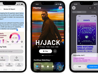 Vienas ?alia kito ?iPhone 17e“ telefonai su skirtingais ekranais: ?aid?iamas ?aidimas, ra?ymo ?rankiai, programa ?Apple TV“, kalendoriaus ?vykio kūrimas, ?Genmoji“ kūrimas