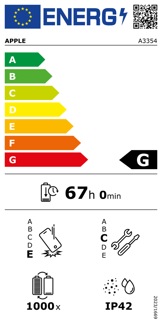 ES energomar?ējuma QR kods un informācija, Apple modelis A3354, G klase, energoefektivitātes klases (sistēmā no A līdz G), no A (visefektīvākā) līdz G (visneefektīvākā), akumulatora izturība vienā ciklā, 67 stundas un 0 minūtes ar pilnībā uzlādētu akumulatoru, vairākkārtējas kritienizturības klase: E, no A (visizturīgākā) līdz E (visneizturīgākā), remontējamības klase: C, no A (visremontējamākā) līdz E (visneremontējamakā), akumulatora cikliskā izturība: 1000, korpusa aizsargātības pret putek?iem un ūdeni pakāpe (IP) IP42, Regula 2023/1669