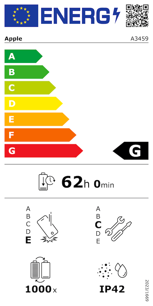 ES energomar?ējuma QR kods un informācija, Apple modelis A3459, G klase, energoefektivitātes klases (skalā no A līdz G), no A (visefektīvākā) līdz G (visneefektīvākā), akumulatora izturība vienā ciklā, 62 stundas un 0 minūtes ar pilnībā uzlādētu akumulatoru, vairākkārtējas kritienizturības klase: E, no A (visizturīgākā) līdz E (visneizturīgākā), remontējamības klase: C, no A (visremontējamākā) līdz E (visneremontējamākā), akumulatora cikliskā izturība: 1000, korpusa aizsargātības pret putek?iem un ūdeni pakāpe (IP) IP42, Regula 2023/1669