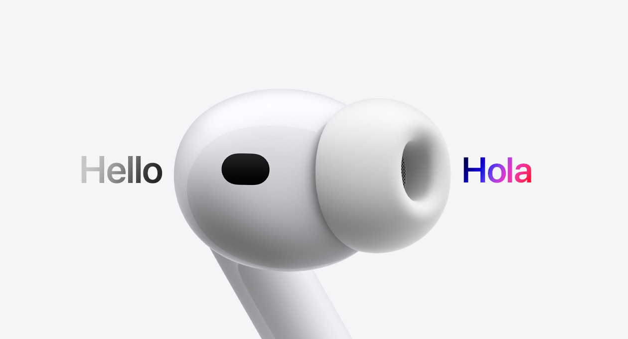 AirPods Pro 3, audífono con almohadilla de silicón, Traducción en Vivo cambia los caracteres en inglés que dicen 'hello' a un texto en espa?ol que dice 'hola'