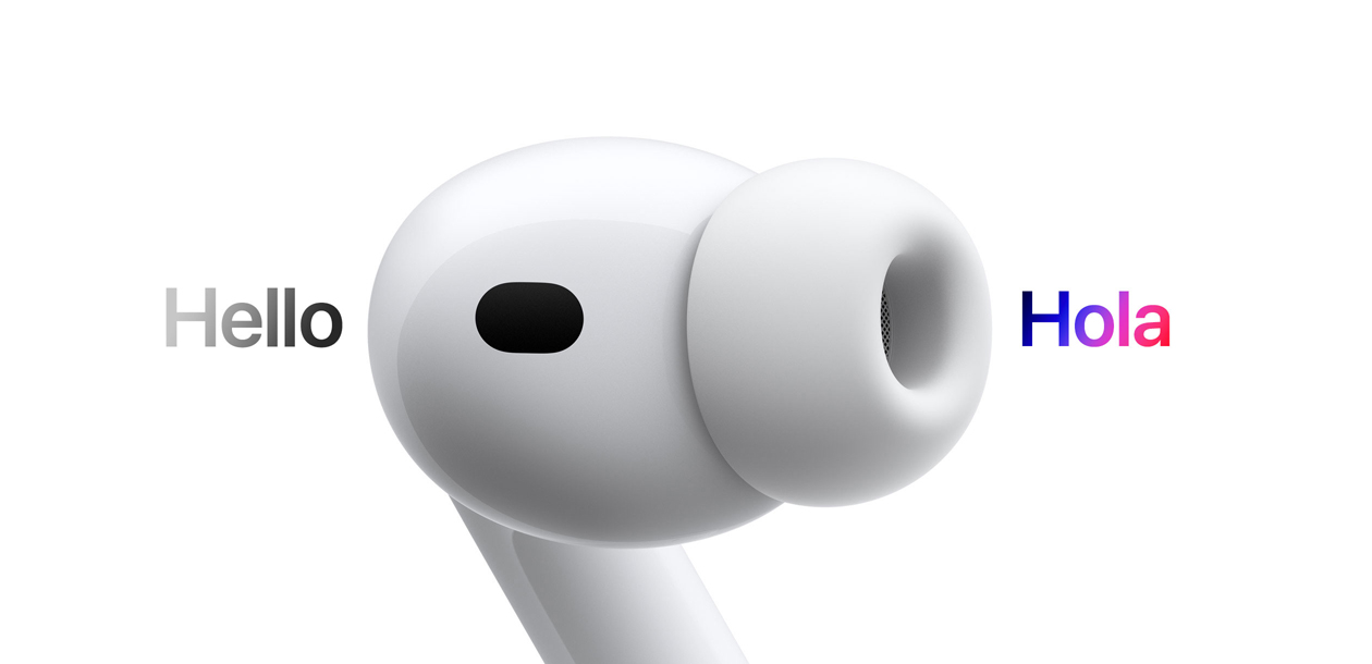 AirPods Pro 3, audífono con almohadilla de silicón, Traducción en Vivo cambia los caracteres en inglés que dicen 'hello' a un texto en espa?ol que dice 'hola'