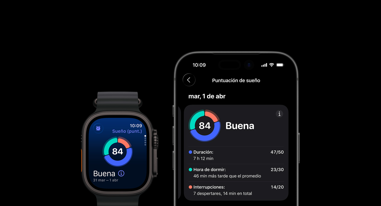 Gráfica circular y puntaje de Puntuación de Sue?o en el Apple Watch Ultra 3, análisis completo abierto en el iPhone enlazado 