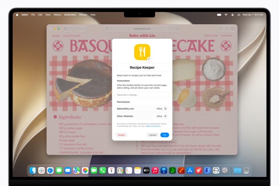 A 14-inch MacBook Pro screen shows a Safari dialogue box for Recipe Keeper on a baking website.