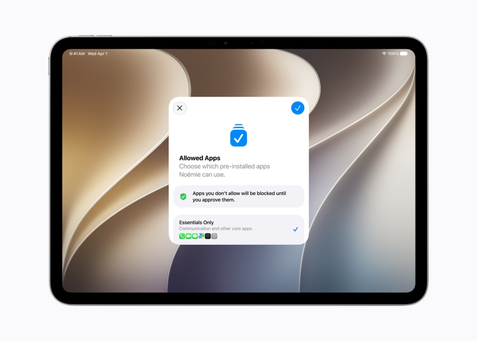 A screen on an 11-inch iPad Pro shows the allowed apps available on Setup Assistant, with options for essential apps and a recommended starter set.