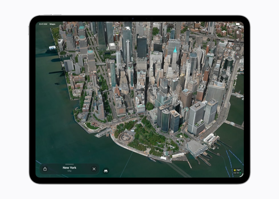 An Apple Maps screen on 13-inch iPad Pro shows an aerial view of buildings.