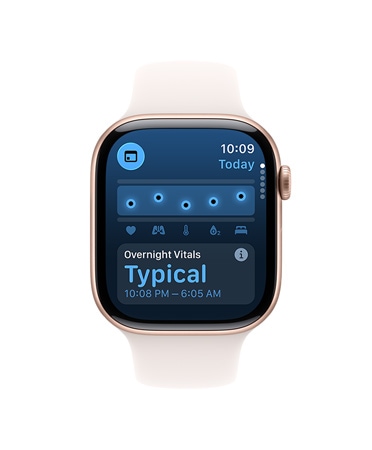 Apple Watch Series 10 z bia?ym paskiem sportowym, na ekranie: Parametry ?yciowe, Temperatura nadgarstka; obok drugi Apple Watch Series 10 z czarnym paskiem sportowym, na ekranie: Parametry ?yciowe, Temperatura nadgarstka, T?tno, Analiza