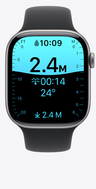 Apple Watch Series 11 z aluminiow? kopert? w kolorze ró?owego z?ota. Na ekranie apka G??boko?? pokazuje zanurzenie na g??boko?? 8 stóp.