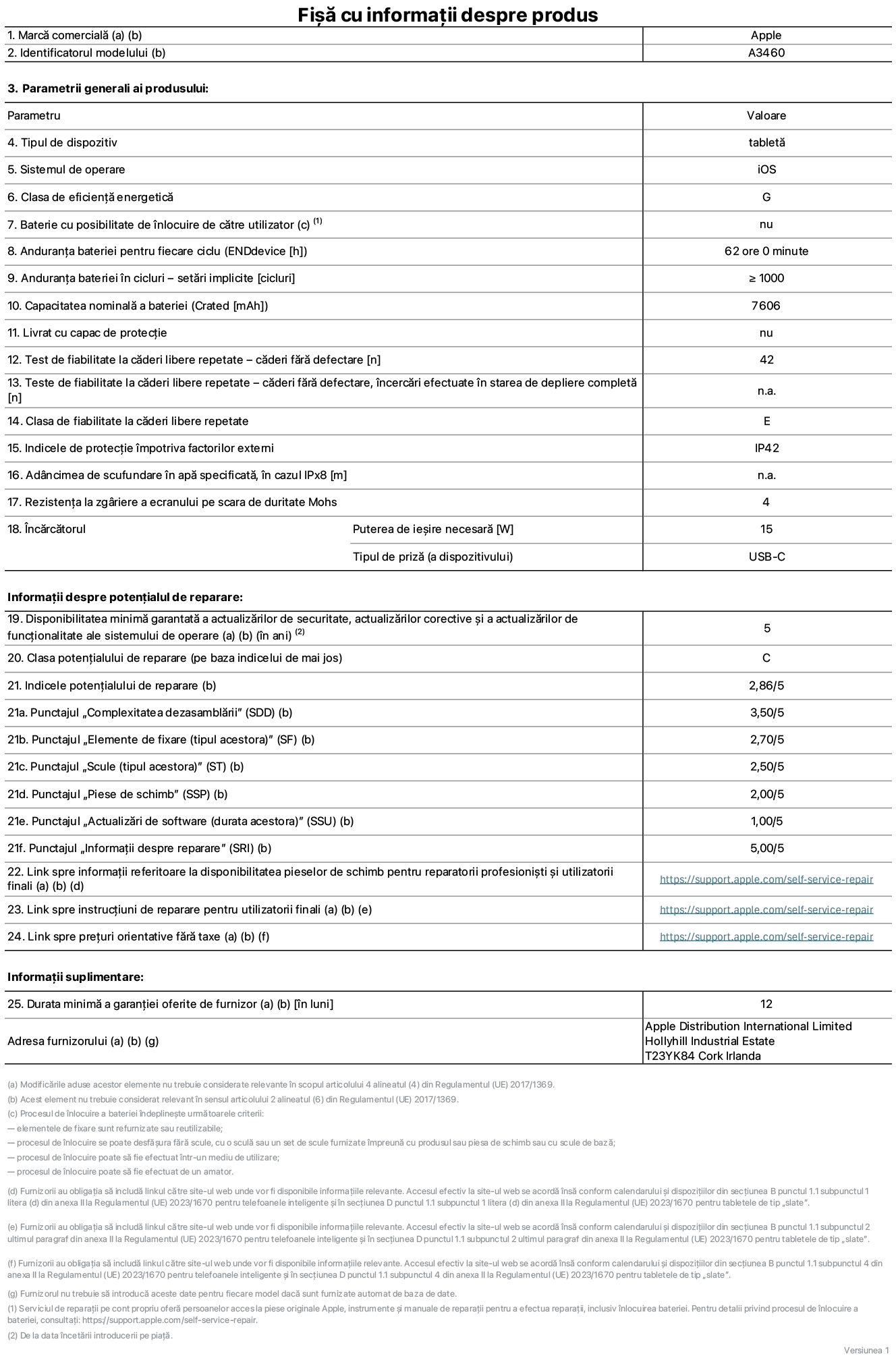 Fi?? cu informa?ii despre produs pentru iPad Air Wi-Fi + Cellular de 11 inchi, model A3460. Furnizat? de Apple Distribution International Limited, Hollyhill Industrial Estate. Cork, Irlanda, T23 YK84. Tipul de dispozitiv: tablet?. Sistemul de operare: iOS. Clasa de eficien?? energetic?: G. Baterie cu posibilitate de ?nlocuire de c?tre utilizator: nu. Anduran?a bateriei pentru fiecare ciclu: 62 de ore. Anduran?a bateriei ?n cicluri – set?ri implicite: mai mare sau egal? cu 1000. Capacitatea nominal? a bateriei: 7606 miliamperi-or?. Livrat cu capac de protec?ie: nu. Test de fiabilitate la c?deri libere repetate – c?deri f?r? defectare: mai mare sau egal cu 42. Test de fiabilitate la c?deri libere repetate – c?deri f?r? defectare, ?ncerc?ri efectuate ?n starea de depliere complet?: nu se aplic?. Clasa de fiabilitate la c?deri libere repetate: E. Indicele de protec?ie ?mpotriva factorilor externi: IP42. Adancimea de scufundare ?n ap? specificat?, ?n cazul IPx8: nu se aplic?. Rezisten?a la zgariere a ecranului pe scara de duritate Mohs: 4. Puterea de ie?ire necesar? pentru ?nc?rc?tor: 15 wa?i. Tipul de priz? pentru ?nc?rc?tor (a dispozitivului): USB-C. Disponibilitatea minim? garantat? a actualiz?rilor de securitate, a actualiz?rilor corective ?i a actualiz?rilor de func?ionalitate ale sistemului de operare: 5 ani. Clasa poten?ialului de reparare: C. Indicele poten?ialului de reparare: 2,86/5. Punctajul ?Complexitatea dezasambl?rii” (SDD): 3,50/5. Punctajul ?Elemente de fixare”: 2,70/5. Punctajul ?Scule”: 2,50/5. Punctajul ?Piese de schimb”: 2,00/5. Punctajul ?Actualiz?ri de software”: 1,00/5. Punctajul ?Informa?ii despre reparare”: 5,00/5. Link spre informa?ii referitoare la disponibilitatea pieselor de schimb pentru reparatorii profesioni?ti ?i utilizatorii finali: https://support.apple.com/self-service-repair. Link spre instruc?iuni de reparare pentru utilizatorii finali: https://support.apple.com/self-service-repair. Link spre pre?uri orientative f?r? taxe: https://support.apple.com/self-service-repair. Garan?ie general? oferit?: 12 luni.