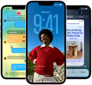 Trei dispozitive iPhone 17e care prezint? aplica?ia Mesaje cu design Liquid Glass, Ecran de blocare dinamic ?i func?ia Inteligen?? vizual? activat?