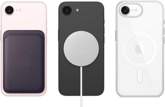 iPhone 17e, exterior spate, culoare Roz pal, cu portofelul din ?es?tur? FineWoven cu MagSafe ata?at, iPhone 17e, exterior spate, culoare Negru, cu ?nc?rc?torul MagSafe ata?at, iPhone 17e, exterior spate, culoare Alb, carcas? transparent? cu MagSafe ata?at