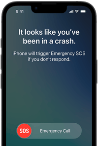 iPhone 17e, vedere frontal?, col?uri rotunjite, func?ia Detectare accident ?n utilizare