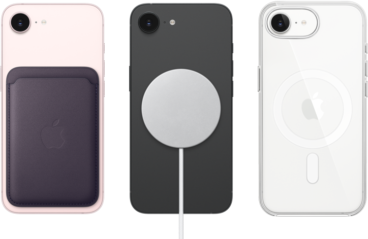 iPhone 17e, poh?ad zozadu, svetloru?ová farba, pripnutá peňa?enka z tkaniny FineWoven s MagSafe, iPhone 17e, poh?ad zozadu, ?ierna farba, pripnutá nabíja?ka MagSafe, iPhone 17e, poh?ad zozadu, biela farba, nasadeny prieh?adny kryt s MagSafe