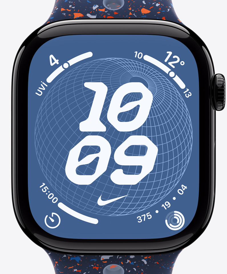 Nike Globe saat kadran?, saat, Nike Swoosh, komplikasyonlar: UV indeksi, hava durumu, saya?, Aktivite halkalar?