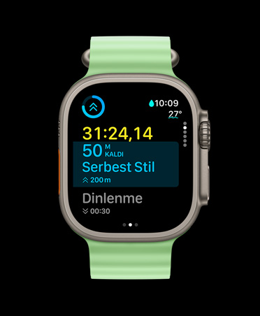 Apple Watch Ultra 3, natürel renk, titanyum kasa, Antrenman uygulamas?, ?zel antrenman kart?, S?radaki antrenman g?rünümü, neon ye?il Ocean Kordon