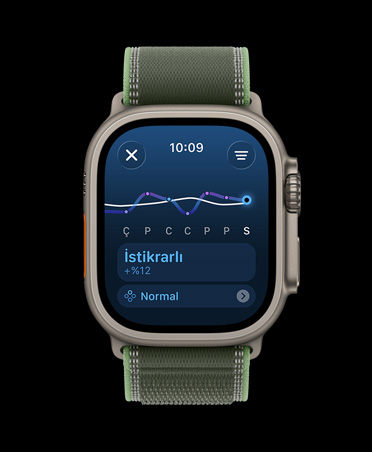 Apple Watch Ultra 3, natürel renk, titanyum kasa, antrenman yükü ?izgi grafi?i ve takvim, kordon, Trail Loop, ye?il/neon ye?il renk