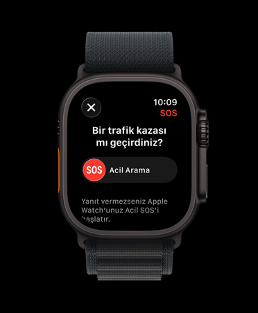 Apple Watch Ultra 3, siyah renk, titanyum kasa, trafik kazas? alg?lama bildirimi, acil durum aramas? yaz?s?, Alpine Loop, siyah renk