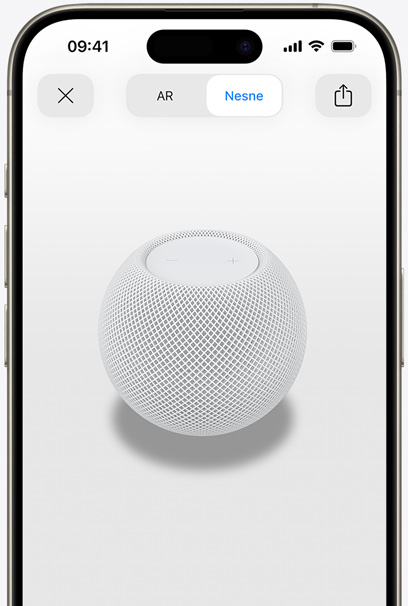 AR g?rünümünde, bir iPhone’un ekran?nda Beyaz renkte HomePod.