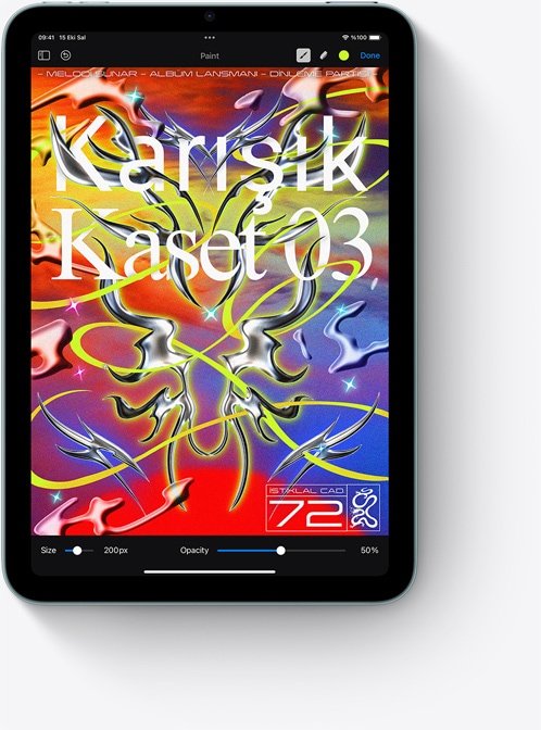 Dikey pozisyondaki iPad mini’de renkli bir Pixelmator ekran? g?rünüyor.