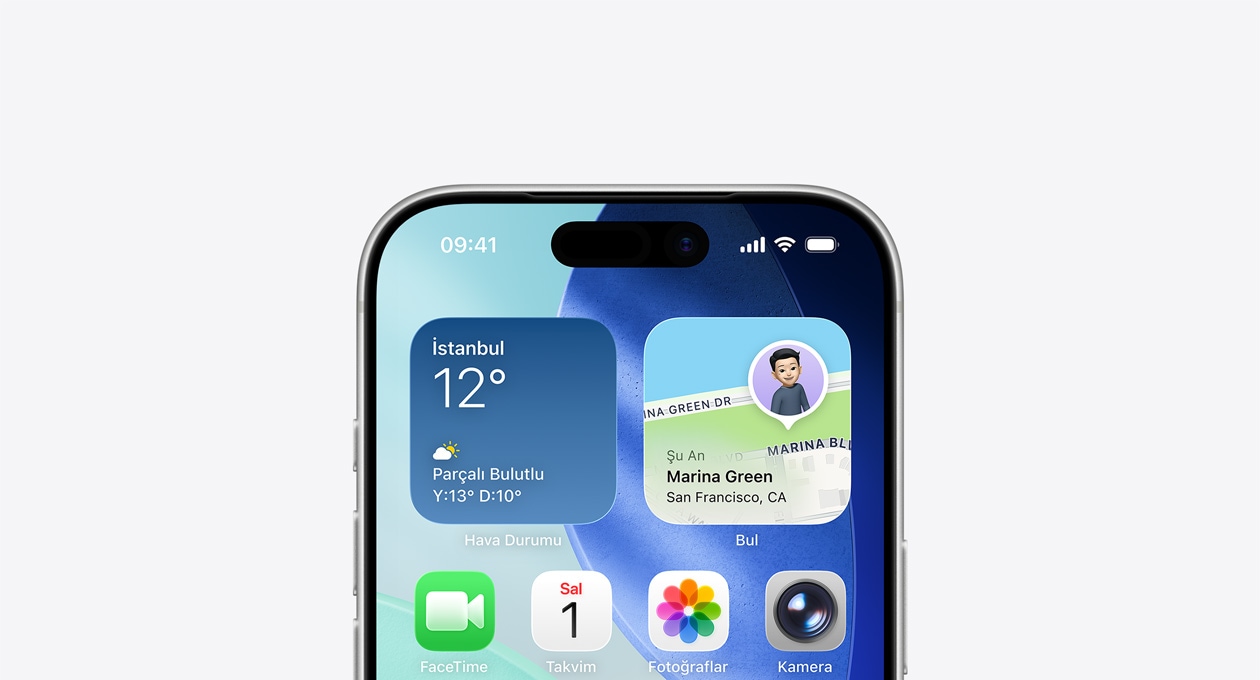 iPhone, üst k?sm?nda Hava Durumu ve Bul ara? tak?mlar?n?n yer ald??? Ana Ekran g?rünüyor