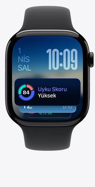 Apple Watch Series 11, alüminyum kasa, parlak simsiyah renk, Ak?ll? Gruplama, uyku skoru uyar?s?, yandan g?rünüm, Digital Crown, siyah Spor Kordon