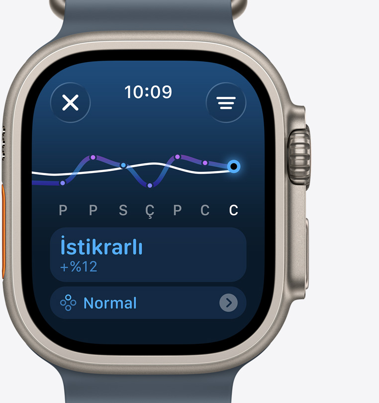 Apple Watch Ultra 3, titanyum kasa, natürel renk, antrenman art???n? g?steren antrenman yükü ekran?