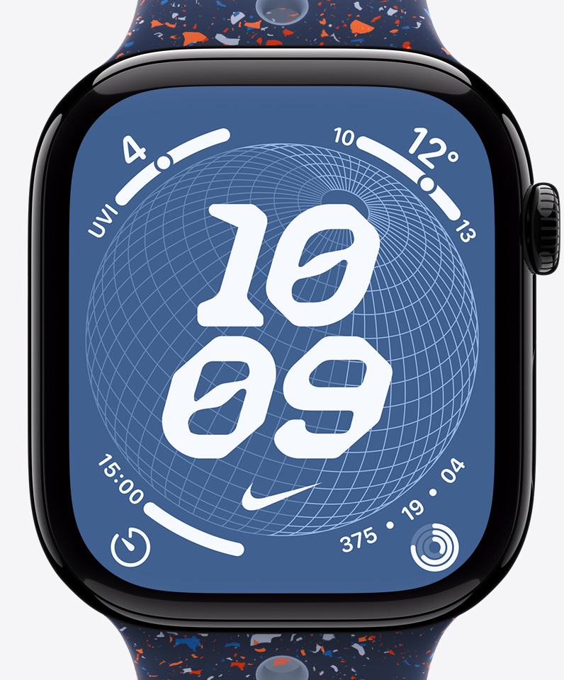 Nike 地球錶面，展示時間、Nike Swoosh 與多項複雜功能，包括紫外線指數(shù)、天氣、計時器、活動記錄圓圈