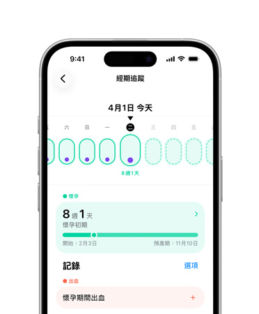 iPhone 展示健康 app 中的經(jīng)期追蹤功能，已設(shè)定為追蹤孕期里程碑
