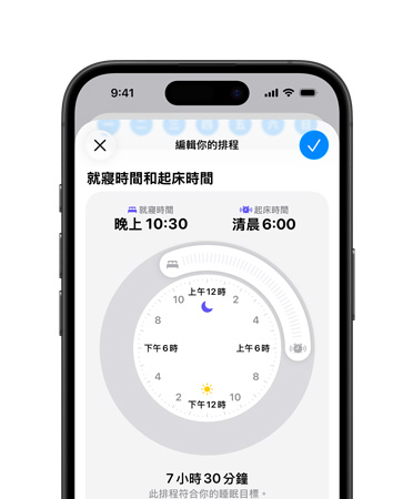 iPhone 健康 app 開啟睡眠排程，就寢時間設(shè)為晚上 10:30，起床時間設(shè)為清晨 6:00，畫面中間顯示同心圓時間刻度盤，已達成 7 小時 30 分鐘的睡眠目標