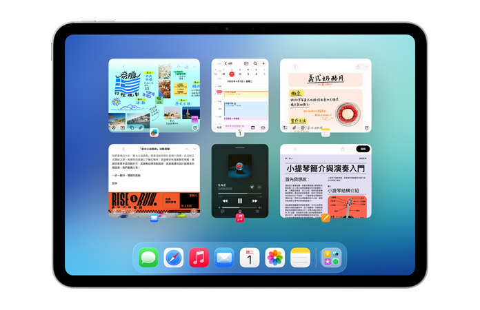橫向放置的 iPad，螢?zāi)簧嫌辛鶄€(gè)打開(kāi)的視窗排成兩行，包括行事曆 app、備忘錄 app、Apple Music 和 Safari