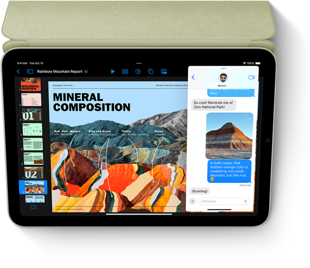 iPad mini в горизонтальному положенн? демонстру? Keynote ? додаток ?Пов?домлення? з режимом Slide Over.