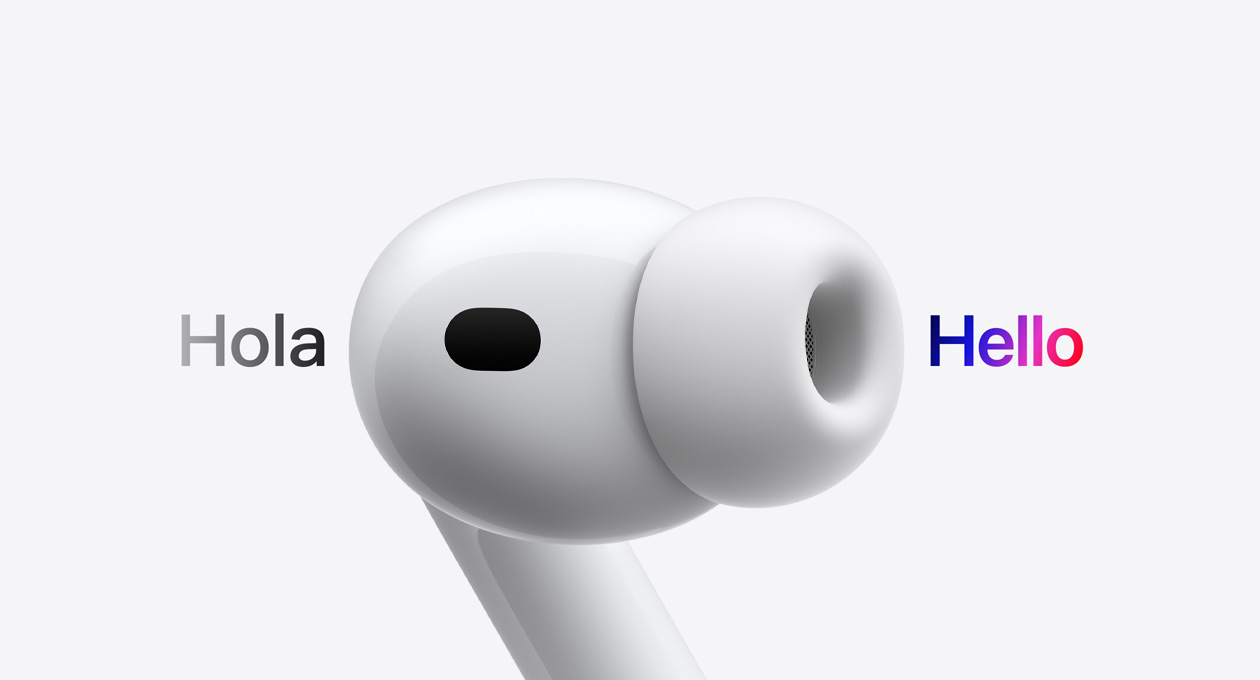 AirPods Pro 3，配備矽膠耳塞的耳筒，即時(shí)翻譯功能將西班牙文的「hola」翻譯成英文的「hello」