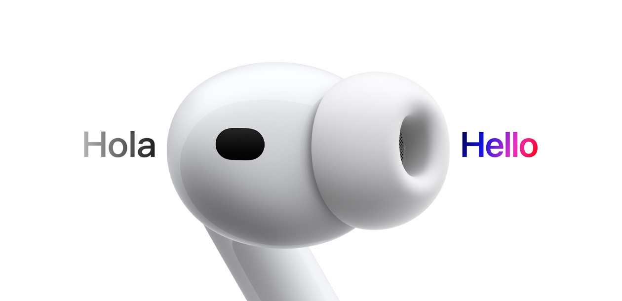 AirPods Pro 3，配備矽膠耳塞的耳筒，即時(shí)翻譯功能將西班牙文的「hola」翻譯成英文的「hello」