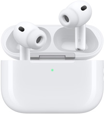 白色 AirPods Pro 3 和 MagSafe 充電盒 (USB-C)，展示充電盒的圓角外觀和 LED 電源指示燈；充電盒盒蓋打開，展示無線耳筒和矽膠耳塞，耳筒柄內(nèi)側(cè)有字母 L 和 R