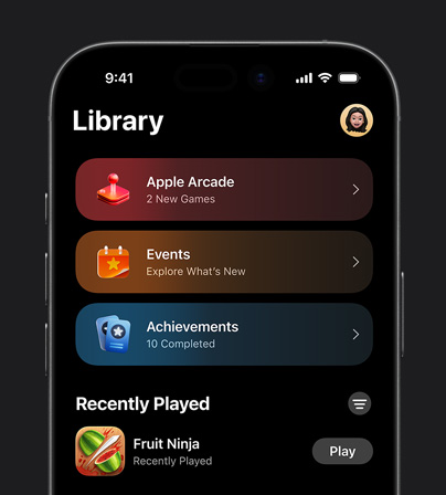 Az Apple Games K?nyvtár lapja egy iPhone 17 Pro kijelz?jén