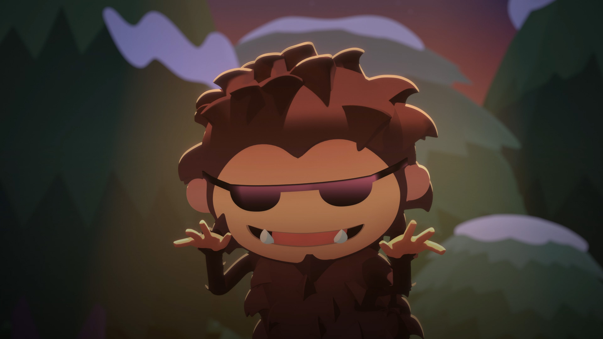 Sneaky Sasquatch éjjel napszemüvegben táncol egy havas erd?ben.