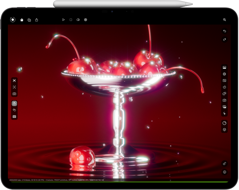 Yatay pozisyonda iPad?Pro’da Octane X ile render i?lemi uygulan?yor. Apple Pencil Pro yatay ?ekilde üst k?sm?na tutturulmu?.