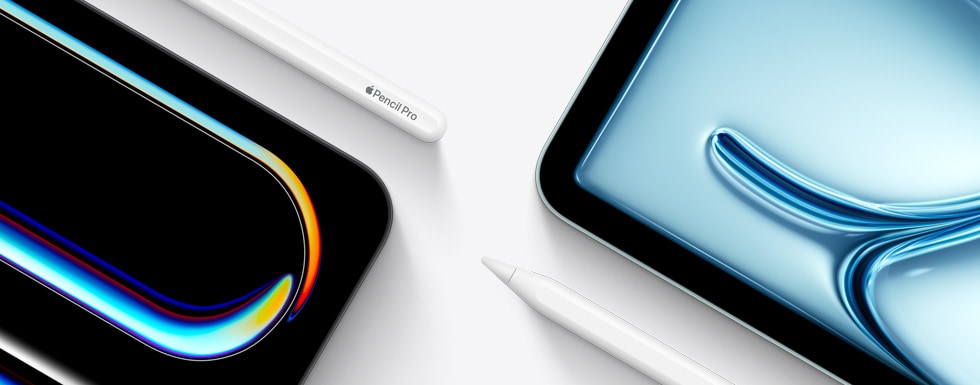 Yan?nda Apple Pencil Pro bulunan iPad?Pro’nun sa? üst k??esi. Yan?nda Apple?Pencil USB-C bulunan iPad?Air’in sol üst k??esi.