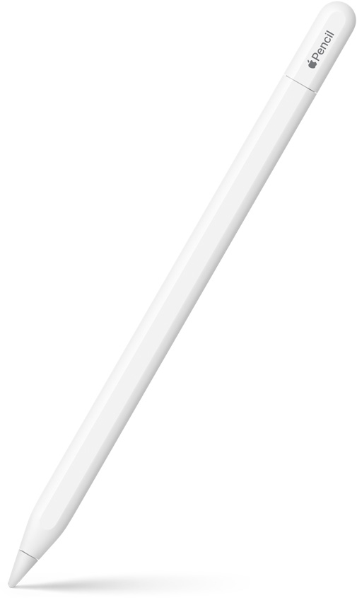 USB-C Apple?Pencil dik bir a??da, ucu a?a??ya d?nük. üst k?sm? k?vr?ml? ve üst k?sm?n USB-C kabloya ba?lanmak i?in nereden a??ld??? g?rülüyor. üst k?s?mda bir Apple logosu ile ürünün ismi g?rünüyor. Altta bir g?lge efekti g?rülüyor.