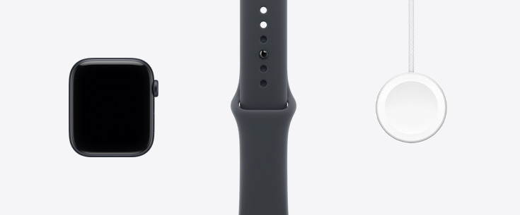 Apple Watch SE 3, caja de aluminio, color medianoche, parte frontal, pantalla con dise?o de borde a borde, color medianoche, correa deportiva, cable de carga magnética rápida con conector USB-C para el Apple Watch