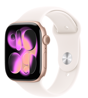 Apple Watch Series 11, couleur or rose, bo?tier en aluminium, cadran Responsive Art, c?té droit, Digital Crown, microphone, bouton latéral, Bracelet Sport, couleur rose tendre