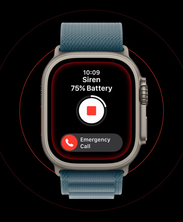 Apple Watch Ultra 3, finition naturelle, bo?tier en titane, écran Sirène activé, boutons stop et Appel d’urgence, bracelet, Boucle Alpine bleu maritime
