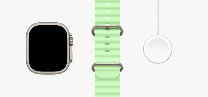 Apple Watch Ultra 3, kast van naturel titanium, display van rand tot rand, neongroen Ocean-bandje, magnetische snellader-naar-USB?C-kabel voor Apple Watch