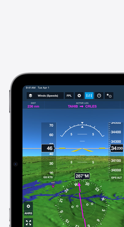 En iPad viser vindhastigheter og -retning p? et topografisk flykart med rygger som representerer fjell.