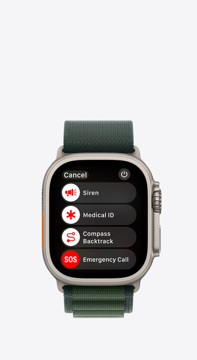 En Apple Watch med en liste over funksjoner som kan brukes i en n?dsituasjon: Sirene, N?dinfo, Spor tilbake med kompass og N?danrop