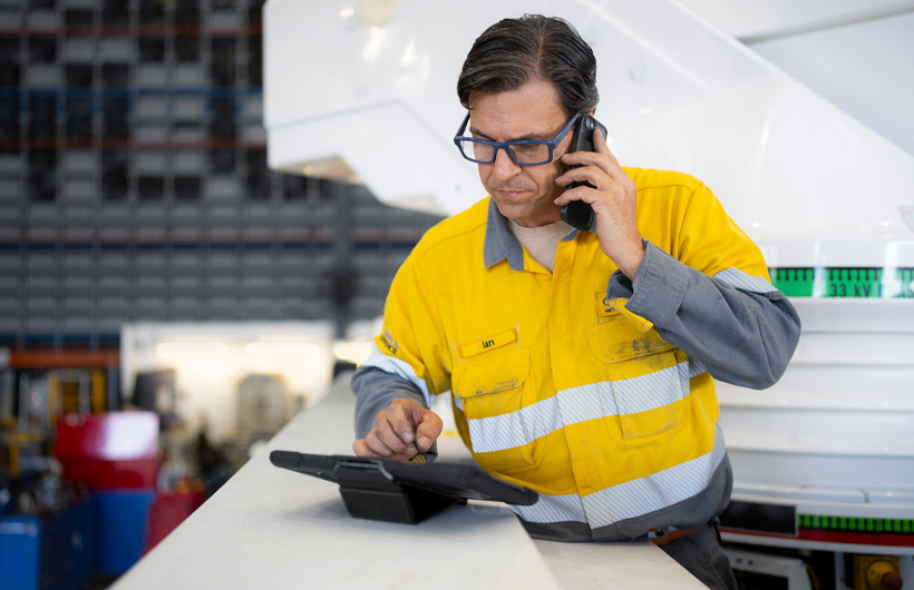 Un employé dans un entrep?t tient un iPhone à l’oreille en travaillant sur un iPad