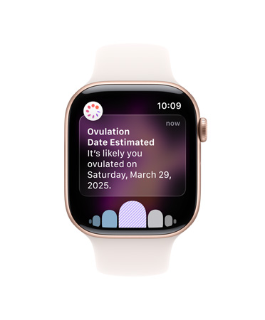 Apple Watch Series 11, bíly sportovní ?emínek, zobrazené softwarové polo?ky Ovulace, Historie cykl?