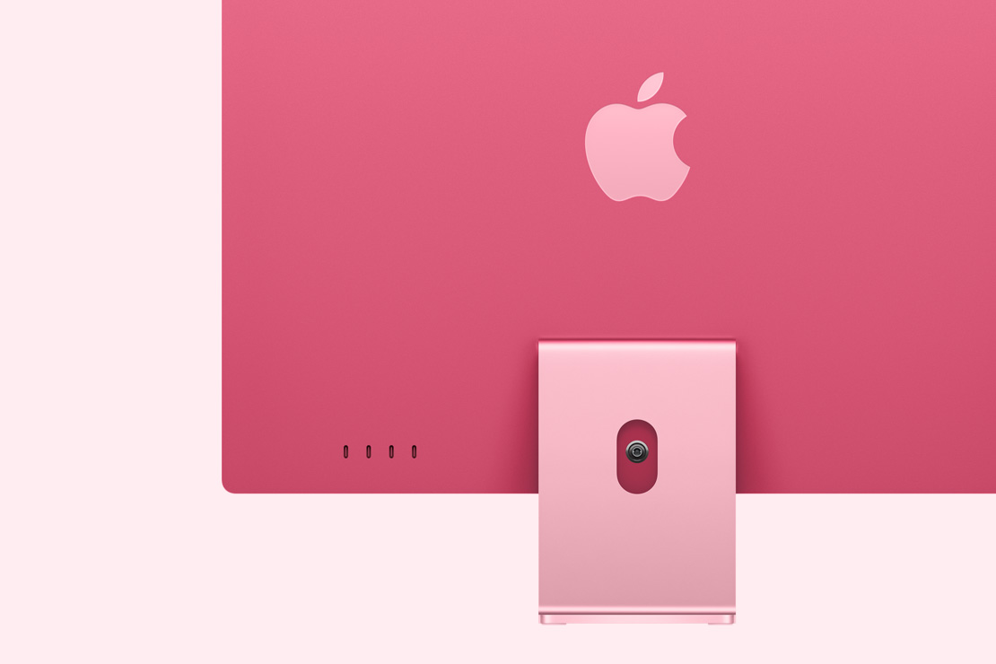 iMac rose vu de dos, avec quatre ports USB-C.