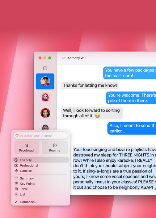 Démonstration des outils d’écriture. Un texto dans Messages se transforme en version plus amicale grace à l’option de ton Cordial.