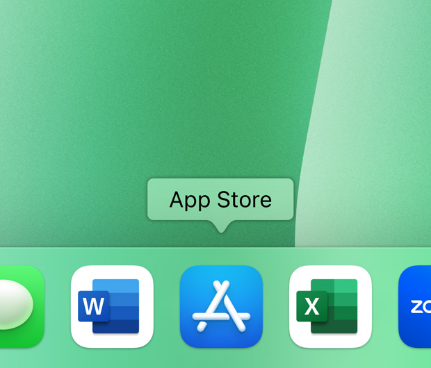 Le Dock d’iMac montrant les ic?nes d’apps Contacts, Microsoft Word, App Store, Microsoft Excel et Zoom.